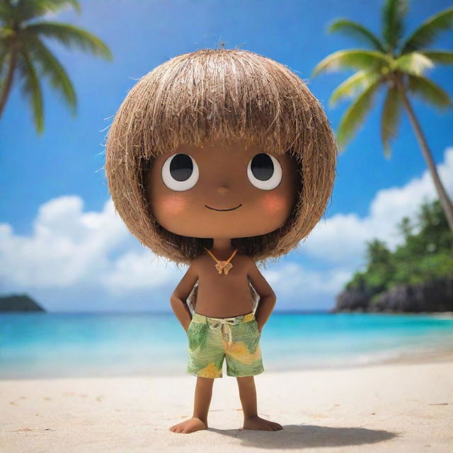 A delightful coconut anime character with glowing eyes, textured coconut shell hair, and a tropical-themed outfit, set against the peaceful backdrop of an idyllic beach.