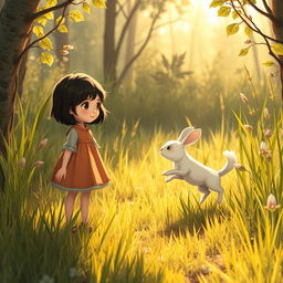 A fairy tale scene where a young girl with short dark hair, the heroine of the story, stands in a small clearing after making her way through the thicket