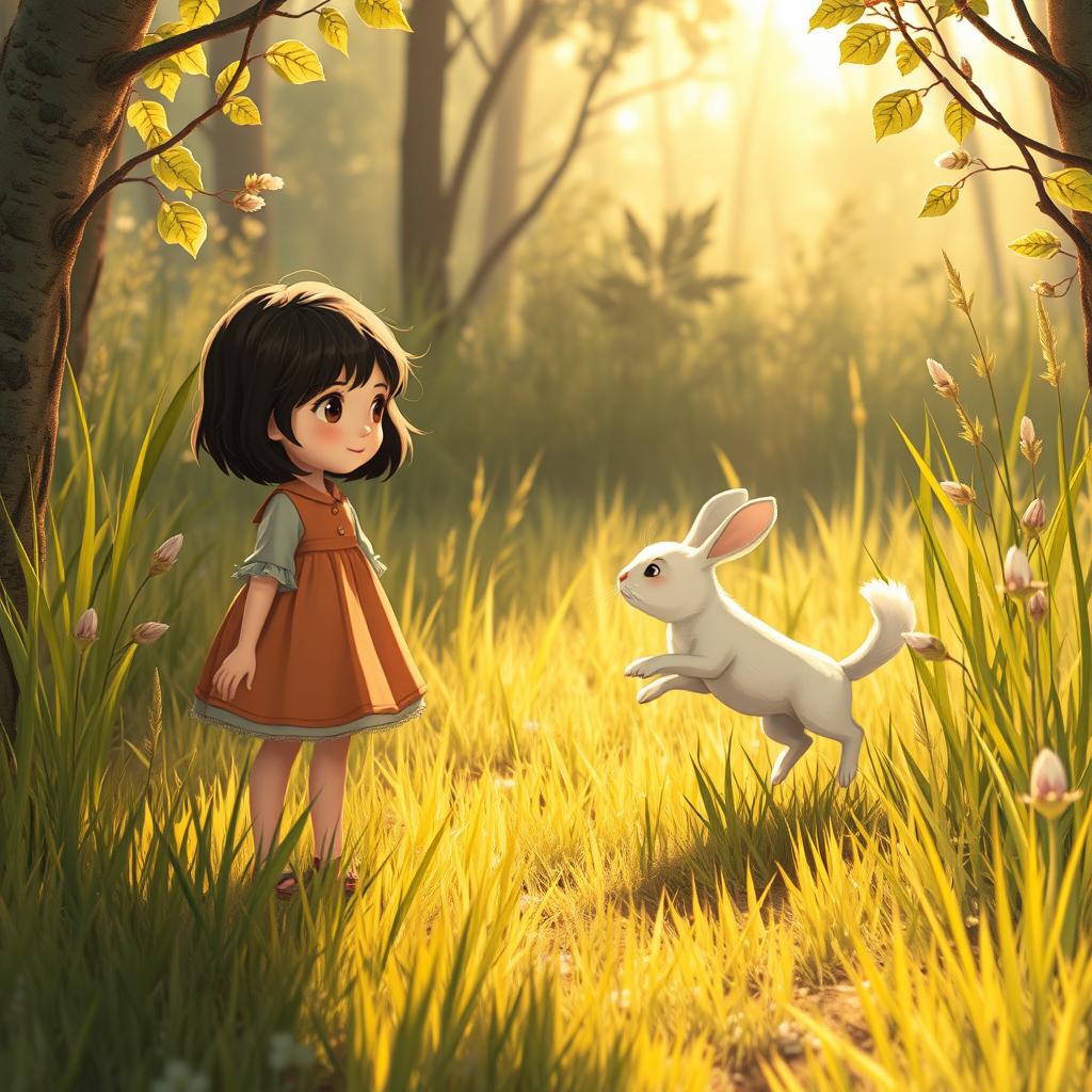 A fairy tale scene where a young girl with short dark hair, the heroine of the story, stands in a small clearing after making her way through the thicket