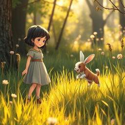 A fairy tale scene where a young girl with short dark hair, the heroine of the story, stands in a small clearing after making her way through the thicket