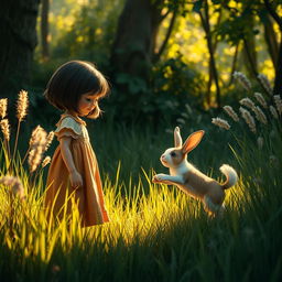 A fairy tale scene where a young girl with short dark hair, the heroine of the story, stands in a small clearing after making her way through the thicket