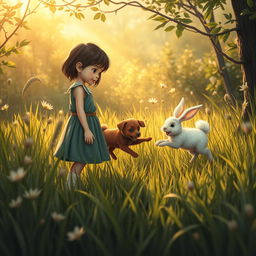 A fairy tale scene where a young girl with short dark hair, the heroine of the story, stands in a small clearing after making her way through the thicket