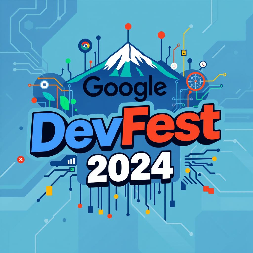 A creative and vibrant swag design featuring the text 'Google DevFest 2024'