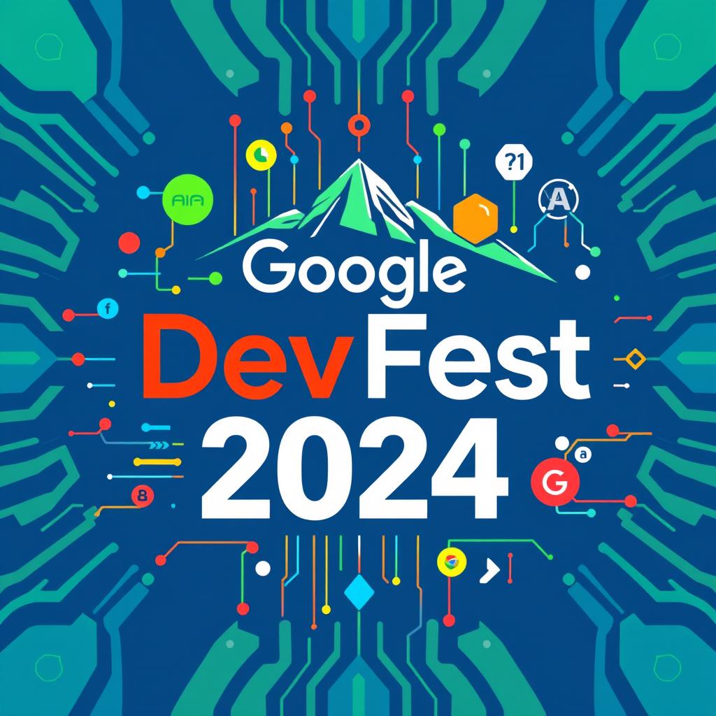 A creative and vibrant swag design featuring the text 'Google DevFest 2024'