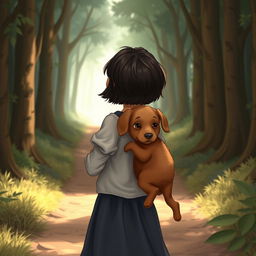 In a heartwarming fairy tale scene, a young girl with short dark hair, the story's heroine, holds her brown puppy securely in her arms