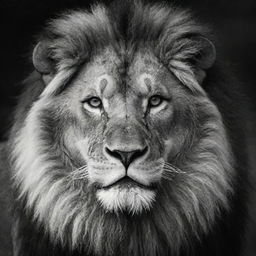 A majestic lion in monochromatic black and white composition