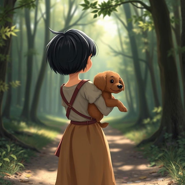 In a heartwarming fairy tale scene, a young girl with short dark hair, the story's heroine, holds her brown puppy securely in her arms