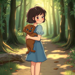 In a heartwarming fairy tale scene, a young girl with short dark hair, the story's heroine, holds her brown puppy securely in her arms