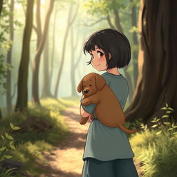 In a heartwarming fairy tale scene, a young girl with short dark hair, the story's heroine, holds her brown puppy securely in her arms