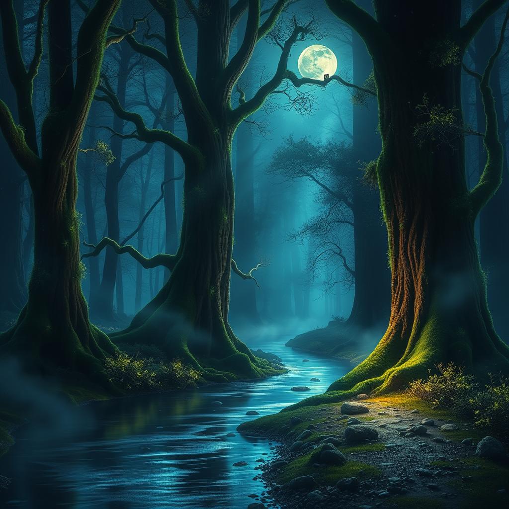 A mystical forest bathed in moonlight, with towering ancient trees covered in luminescent moss