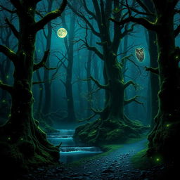 A mystical forest bathed in moonlight, with towering ancient trees covered in luminescent moss