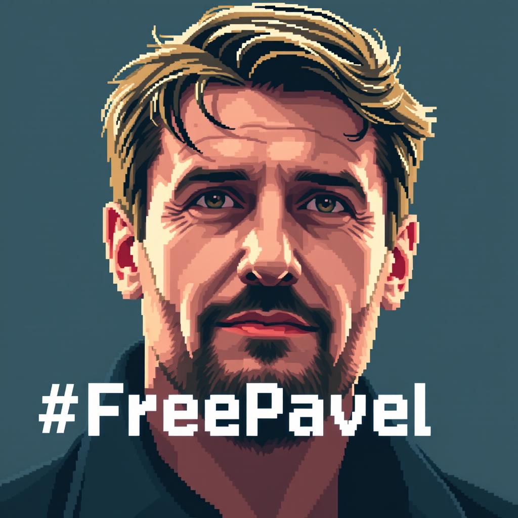 Realistic pixel art image of Pavel Durov with the text "FreePavel" incorporated into the design