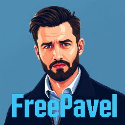 Realistic pixel art image of Pavel Durov with the text "FreePavel" incorporated into the design