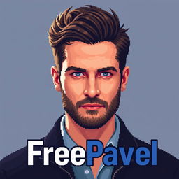 Realistic pixel art image of Pavel Durov with the text "FreePavel" incorporated into the design