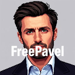 Realistic pixel art image of Pavel Durov with the text "FreePavel" incorporated into the design