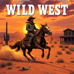 A captivating book cover for a novel about the Wild West, featuring a rugged cowboy with a wide-brimmed hat, riding a galloping horse across an open desert landscape