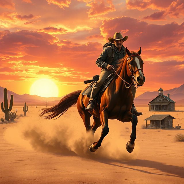 A captivating book cover for a novel about the Wild West, featuring a rugged cowboy with a wide-brimmed hat, riding a galloping horse across an open desert landscape