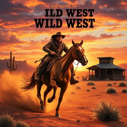 A captivating book cover for a novel about the Wild West, featuring a rugged cowboy with a wide-brimmed hat, riding a galloping horse across an open desert landscape