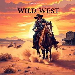 A captivating book cover for a novel about the Wild West, featuring a rugged cowboy with a wide-brimmed hat, riding a galloping horse across an open desert landscape