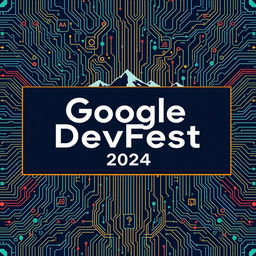 A highly technical rectangular swag design featuring the text 'Google DevFest 2024'