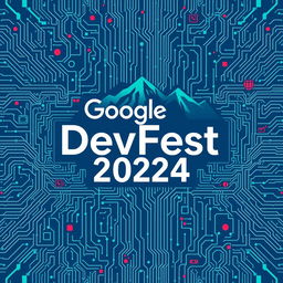 A highly technical rectangular swag design featuring the text 'Google DevFest 2024'