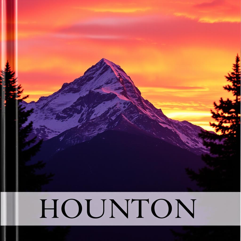 A captivating book cover featuring a majestic mountain with a breathtaking sunset in the background