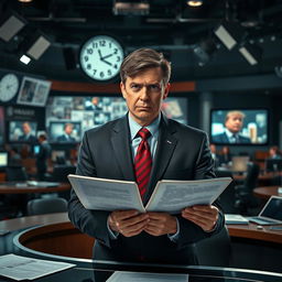 A dramatic scene depicting a conventional newsroom environment where a news anchor is presenting information with a serious expression