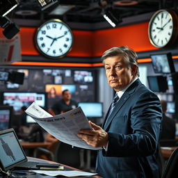 A dramatic scene depicting a conventional newsroom environment where a news anchor is presenting information with a serious expression