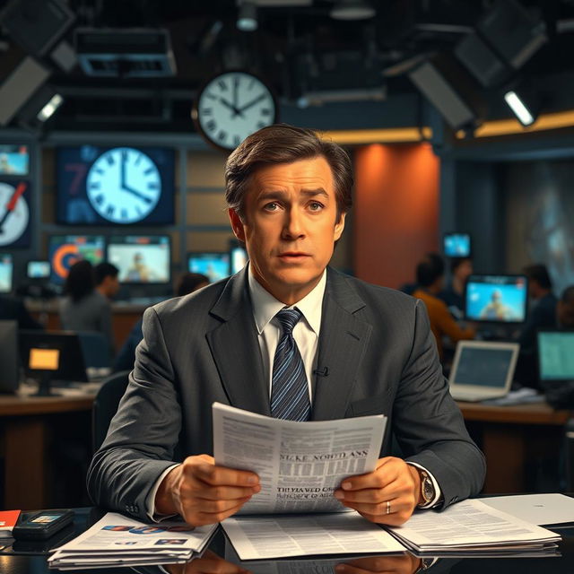 A dramatic scene depicting a conventional newsroom environment where a news anchor is presenting information with a serious expression