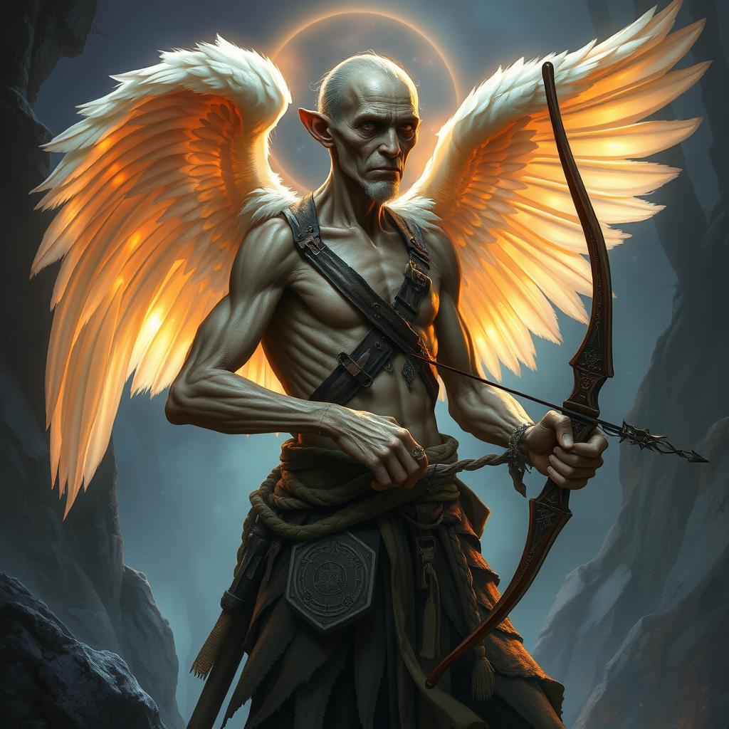 An ancient, emaciated male aasimar ranger, exuding an angelic aura