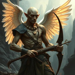 An ancient, emaciated male aasimar ranger, exuding an angelic aura