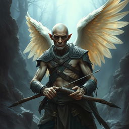 An ancient, emaciated male aasimar ranger, exuding an angelic aura