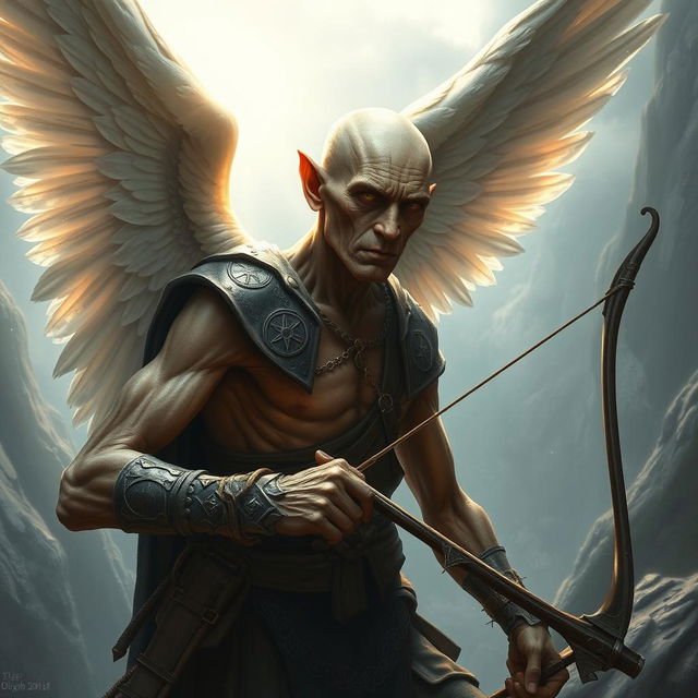 An ancient, emaciated male aasimar ranger, exuding an angelic aura