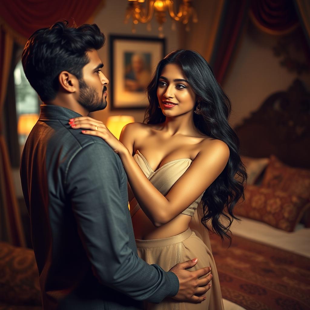 An Indian woman in a tasteful and suggestive pose, exuding confidence and charm