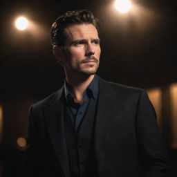 A suave, handsome man standing alone looking off into the distance with a cool demeanor under a dramatic lighting
