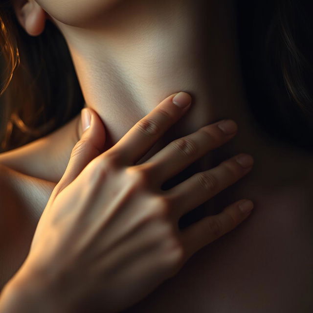 A close-up shot of a person's neck with a gentle hand resting on it, conveying a sense of emotional intensity and passion