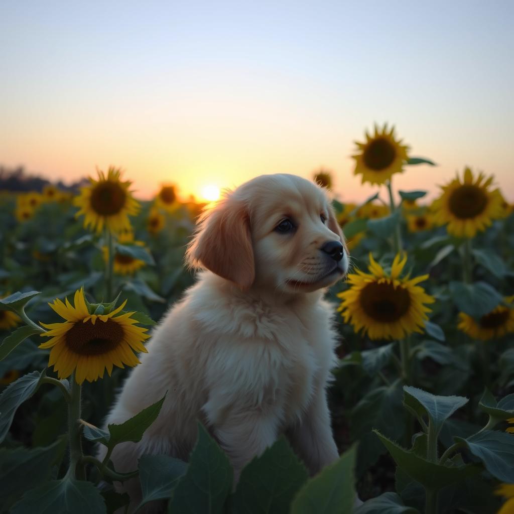 A golden retriever puppy sitting in a field of sunflowers under a clear blue sky, with a gentle breeze causing the sunflowers to sway slightly