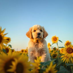 A golden retriever puppy sitting in a field of sunflowers under a clear blue sky, with a gentle breeze causing the sunflowers to sway slightly