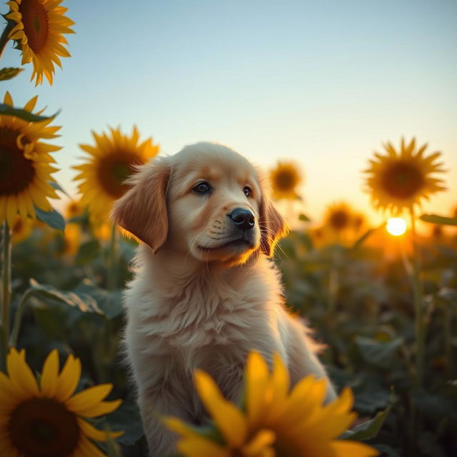 A golden retriever puppy sitting in a field of sunflowers under a clear blue sky, with a gentle breeze causing the sunflowers to sway slightly