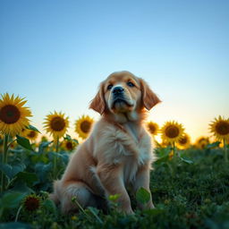 A golden retriever puppy sitting in a field of sunflowers under a clear blue sky, with a gentle breeze causing the sunflowers to sway slightly