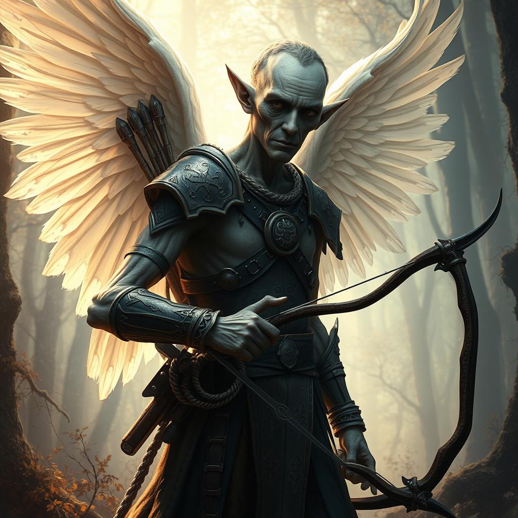 An ancient, emaciated male aasimar ranger, radiating an angelic presence despite lacking wings