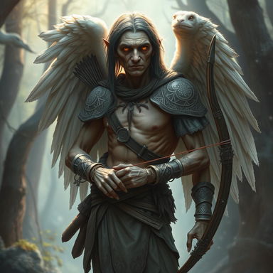 An ancient, emaciated male aasimar ranger, radiating an angelic presence despite lacking wings