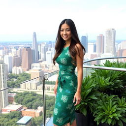 A woman with long hair stands confidently on a viewpoint deck with a scenic cityscape in the background