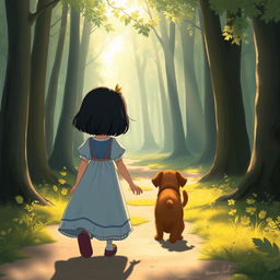 On their way back home, Lili, the fairy tale heroine with short dark hair, reflects on her deep love for her brown puppy and resolves never to let him go alone again