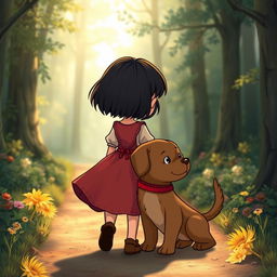 On their way back home, Lili, the fairy tale heroine with short dark hair, reflects on her deep love for her brown puppy and resolves never to let him go alone again