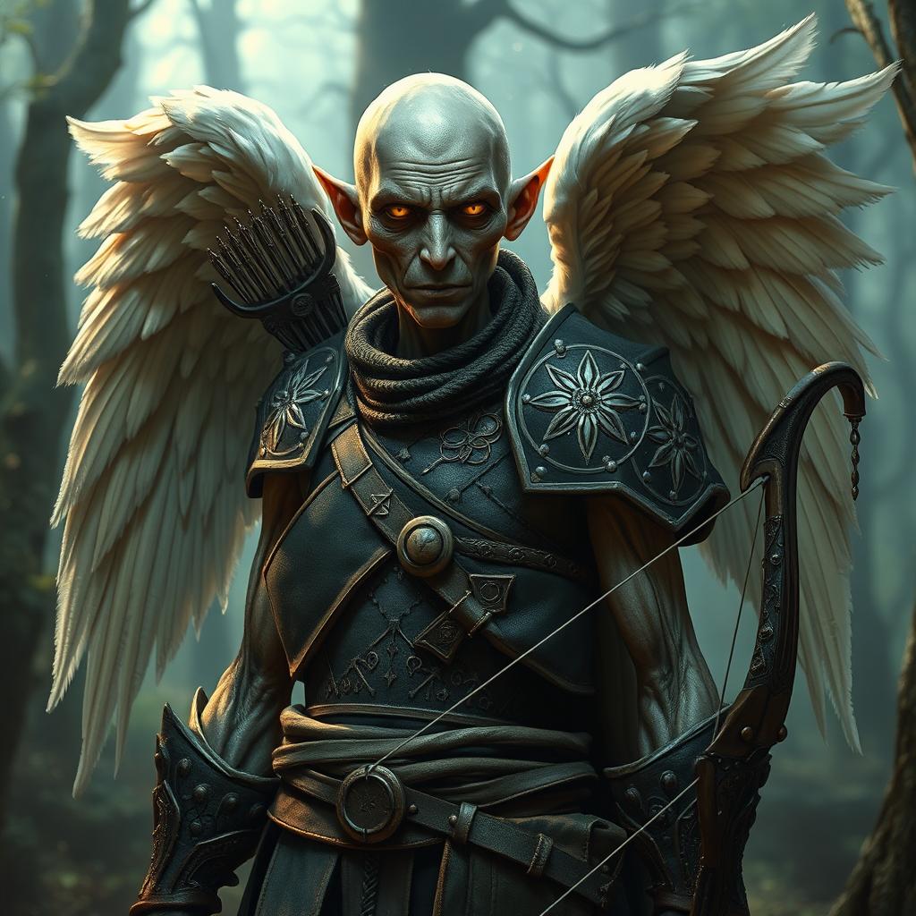 An ancient, emaciated male aasimar ranger, exuding an angelic presence without wings