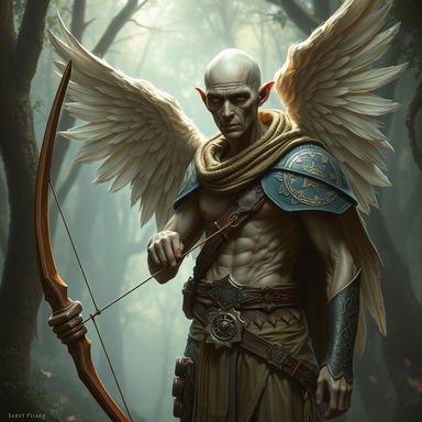 An ancient, emaciated male aasimar ranger, exuding an angelic presence without wings