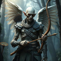 An ancient, emaciated male aasimar ranger, exuding an angelic presence without wings