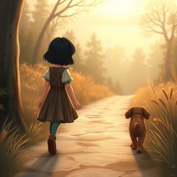 On their way back home, Lili, a fairy tale heroine with short dark hair, reflects on her deep love for her brown puppy, resolving never to let him go alone again