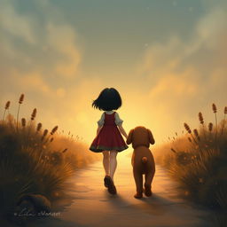 On their way back home, Lili, a fairy tale heroine with short dark hair, reflects on her deep love for her brown puppy, resolving never to let him go alone again